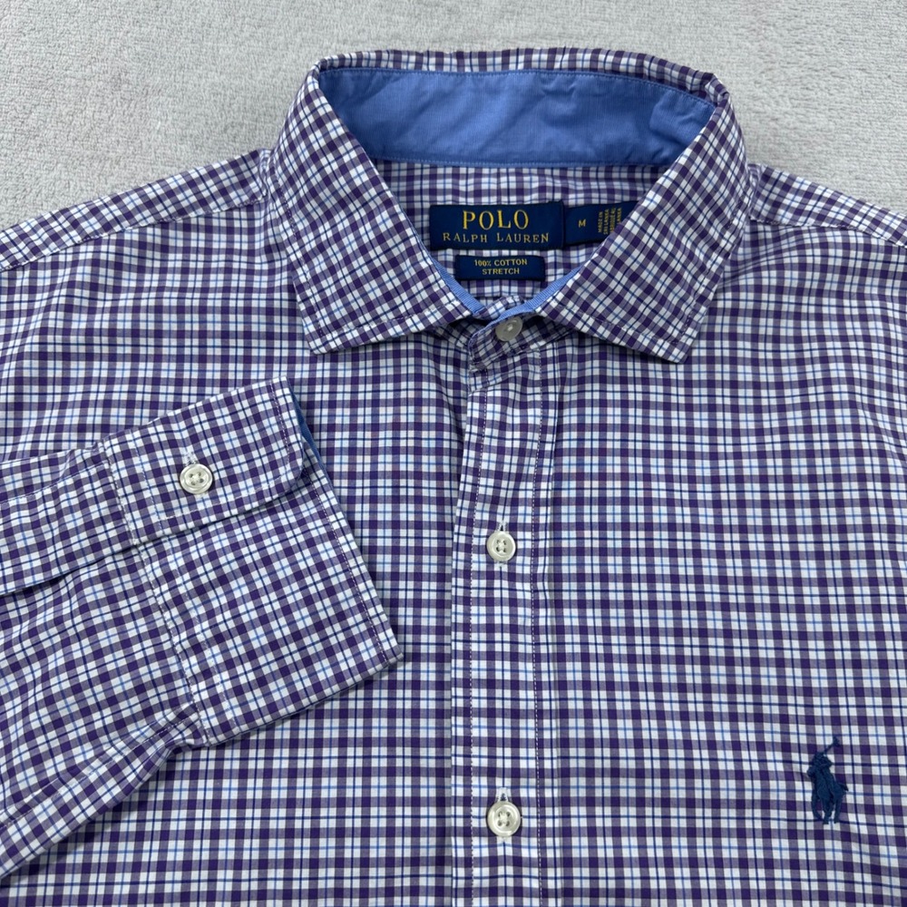 Polo Ralph Lauren Button Up Shirt Mens Medium Purple Gingham Stretch Cotton Logo